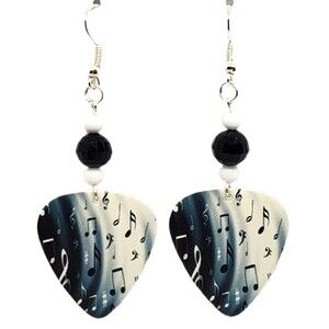 Music Notes on Blue and White Beaded Guitar Pick Earrings - Handmade in USA New
